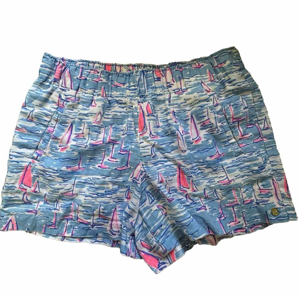 Lilly Pulitzer Women's Linen Shorts Small Zanzibar Blue Sailboat Print 4"